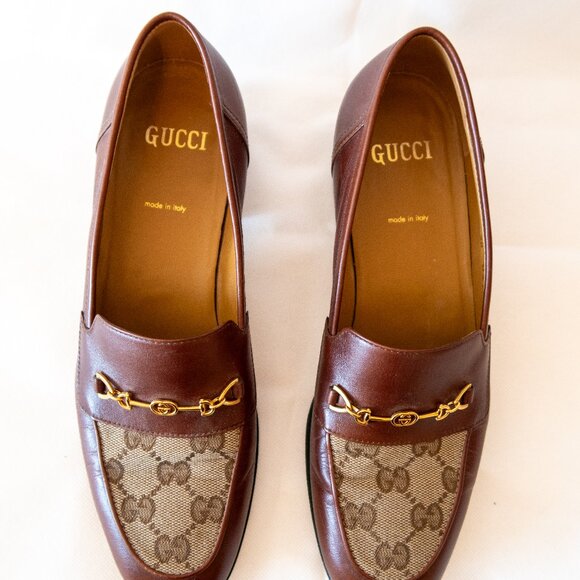 Gucci Leather & GG Logo Canvas Heeled 100 Loafers (IT/EU 38, US 7.5 - 8) - Picture 7 of 16
